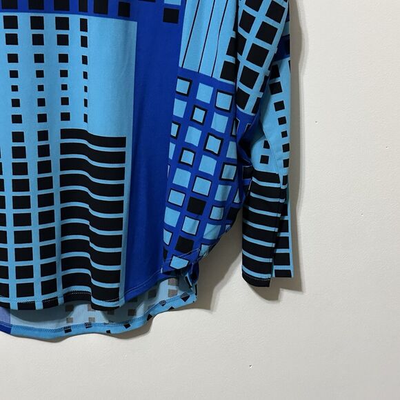 Josie Natori Popover Top Shirt M Stretch Knit Blue Geo Designer Long Sleeve NEW - Picture 2 of 11